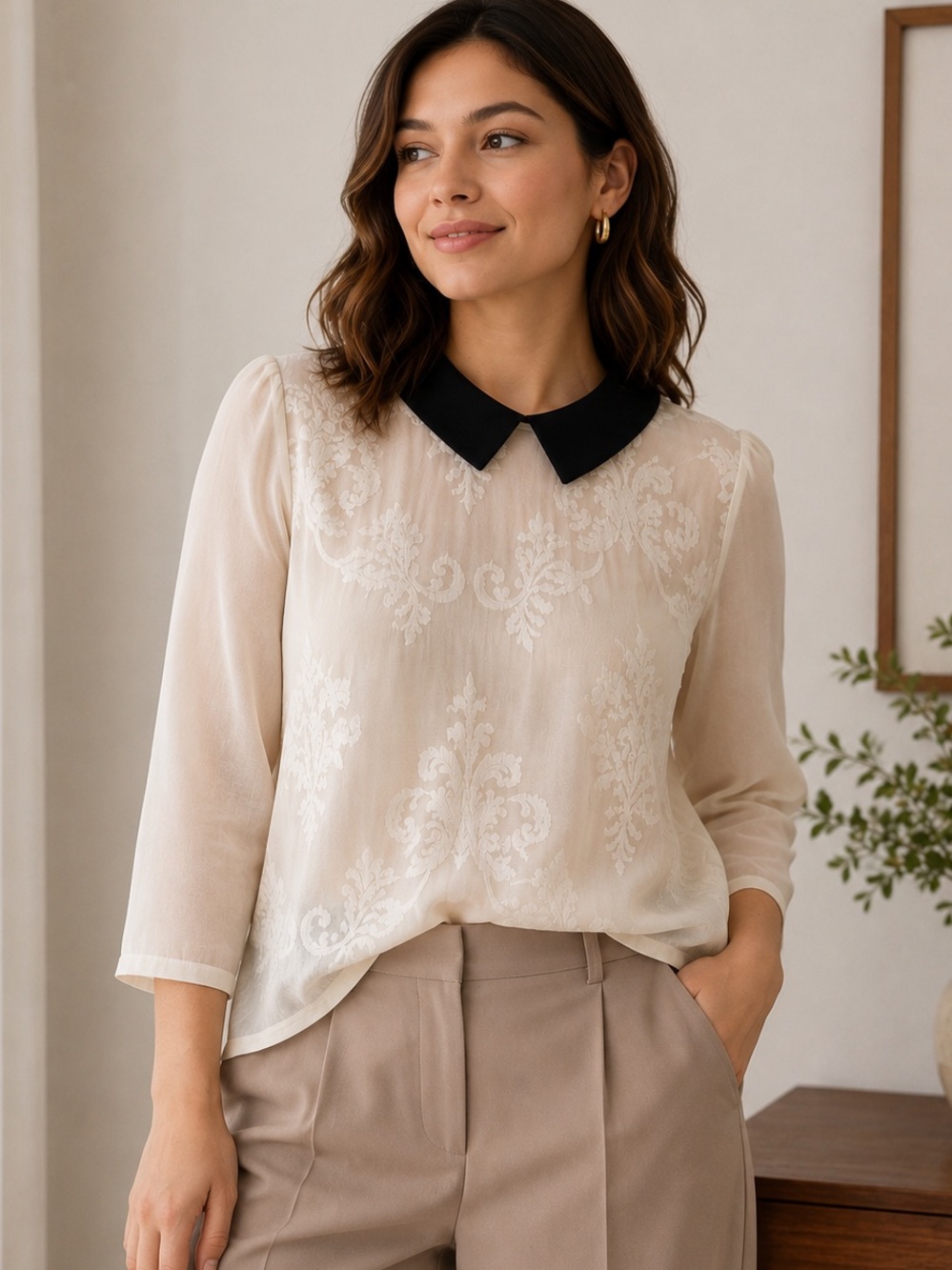 Sandro Paris Ivory Silk Lace Blouse Peter Pan Collar Sheer Romantic Top Size 3